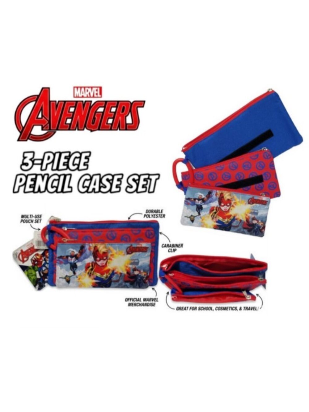 Marvel Avengers 3-Layer Zipper Travel Cosmetic Pencil Case Pouch Set NWT